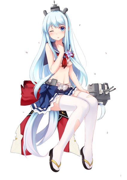 Anime picture 4133x5846 with allenes single long hair tall image blush highres blue eyes light erotic simple background white background absurdres white hair one eye closed wink torn clothes girl thighhighs skirt hair ornament miniskirt