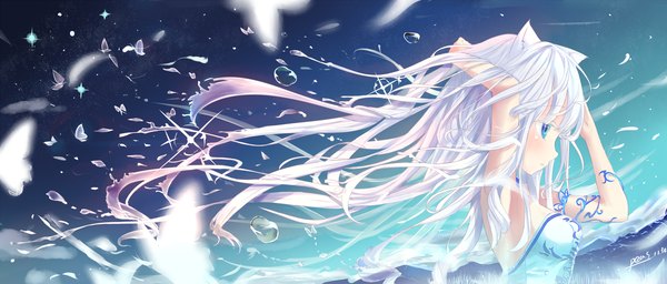 Anime picture 2480x1062 with blade & soul lyn (blade & soul) peas (peas0125) single long hair blush fringe highres blue eyes wide image signed animal ears looking away pink hair upper body white hair profile multicolored hair wind cat ears