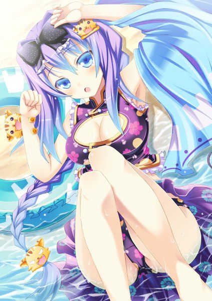 Anime picture 1748x2480 with original usagi nezumi single long hair tall image looking at viewer blush highres breasts open mouth blue eyes light erotic purple hair braid (braids) multicolored hair two-tone hair girl hair ornament bow swimsuit