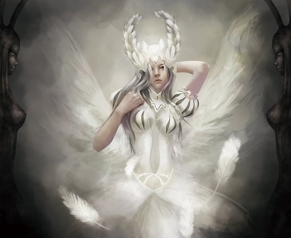 Anime picture 1400x1148 with malu single white hair lips black eyes realistic angel wings angel girl dress wings feather (feathers) helmet statue