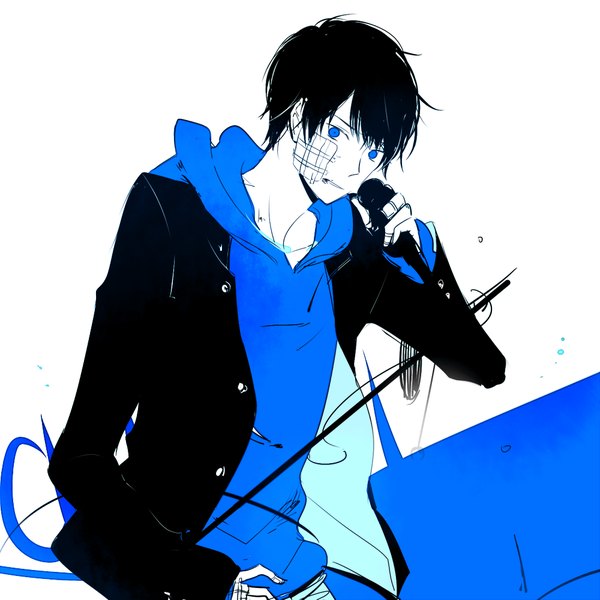 Anime picture 1000x1000 with nico nico singer nico nico douga chii (nico nico singer) sincere (artist) single looking at viewer short hair blue eyes hand on hip bandaid on face boy hood microphone bandaid