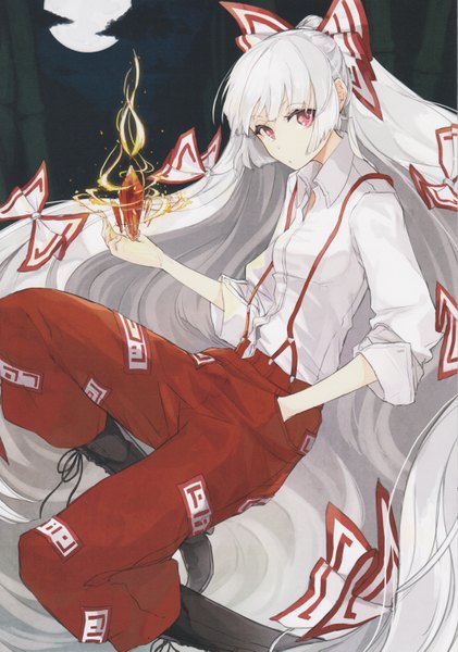 Anime picture 4248x6050 with touhou fujiwara no mokou miruto netsuki single tall image looking at viewer fringe highres breasts payot absurdres white hair ponytail very long hair parted lips pink eyes scan night :o magic