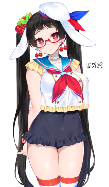Anime picture 583x1000 with original donacoo single tall image looking at viewer blush fringe light erotic black hair simple background red eyes standing white background twintails animal ears very long hair bunny ears dated hands behind back girl