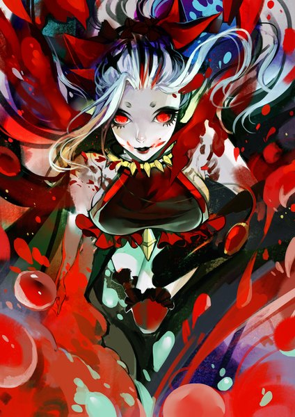 Anime picture 1000x1415 with original pixiv fantasia pixiv fantasia fallen kings miyako (pixiv) single long hair tall image looking at viewer breasts black hair red eyes silver hair ponytail multicolored hair two-tone hair jumping girl thighhighs bow hair bow
