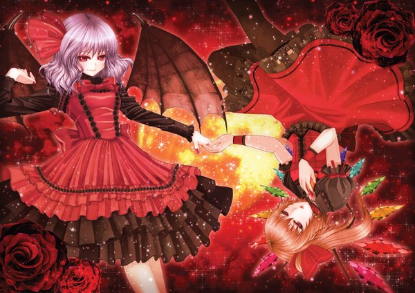 Anime picture 1600x1131 with touhou flandre scarlet remilia scarlet yuuka nonoko short hair smile red eyes multiple girls purple hair nail polish orange hair holding hands bat wings upside down girl dress flower (flowers) 2 girls wings rose (roses)