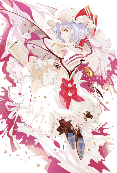 Anime picture 750x1110 with touhou remilia scarlet nanobe single tall image looking at viewer short hair simple background red eyes white background purple hair high heels bat wings girl dress bow wings shoes book (books) bonnet