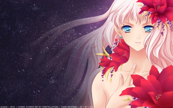 Anime picture 1920x1200 with macross macross frontier sheryl nome nishiwaki yuuri alenas highres blue eyes light erotic wide image pink hair hair flower space girl hair ornament flower (flowers) star (stars) jewelry
