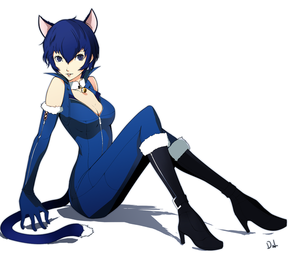 Anime picture 1280x1098 with persona 4 persona shirogane naoto dh (brink of memories) single short hair blue eyes simple background white background sitting signed animal ears blue hair looking away tail animal tail cat ears shadow cat girl cat tail