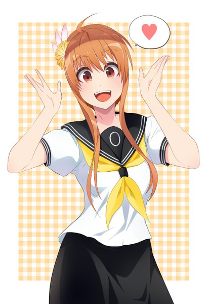 Anime picture 949x1384 with nisekoi shaft (studio) tachibana marika galois (trex9704) single tall image looking at viewer fringe open mouth simple background smile red eyes orange hair girl skirt uniform serafuku speech bubble