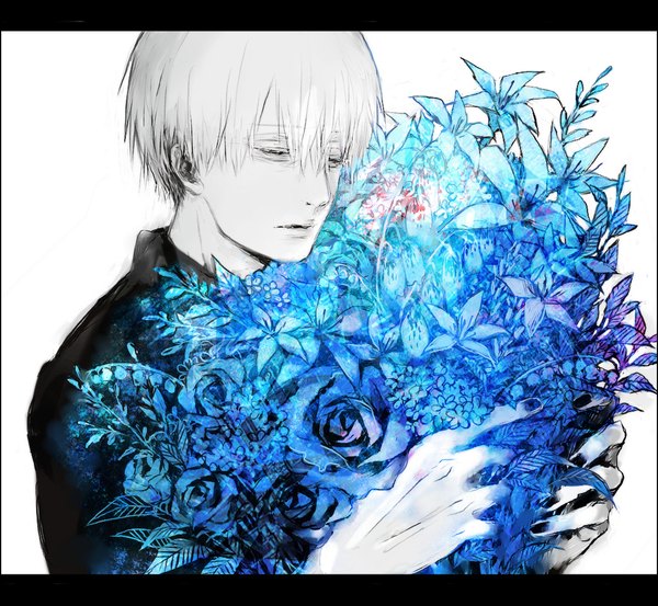 Anime picture 1071x988 with tokyo ghoul studio pierrot kaneki ken yongkang single fringe short hair simple background hair between eyes white background holding upper body white hair eyes closed nail polish parted lips letterboxed boy flower (flowers) rose (roses)