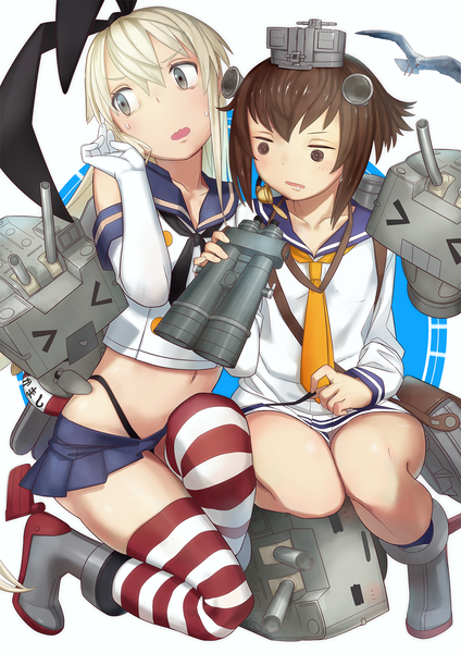 Anime picture 1000x1414 with kantai collection shimakaze destroyer rensouhou-chan yukikaze destroyer ryuuama long hair tall image blush short hair open mouth simple background blonde hair brown hair white background multiple girls brown eyes grey eyes sweat sweatdrop > <