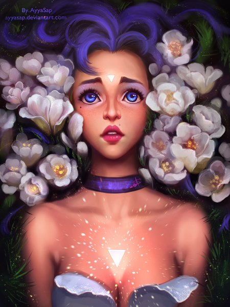 Anime picture 1536x2048 with original ayyasap single long hair tall image blue eyes bare shoulders blue hair lips realistic mole mole under eye looking up girl flower (flowers) camellia (flower)