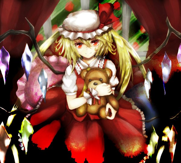 Anime picture 1200x1080 with touhou flandre scarlet basilis9 single short hair blonde hair smile red eyes girl dress wings frills bonnet crystal teddy bear