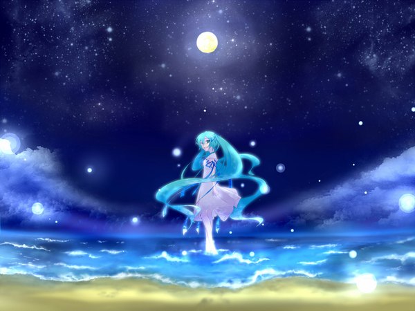 Anime picture 2000x1500 with vocaloid hatsune miku highres beach blue background girl moon