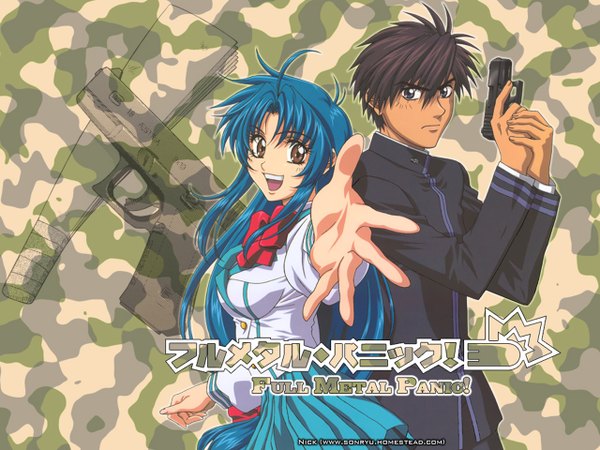 Anime picture 1280x960 with full metal panic! gonzo chidori kaname sagara sousuke long hair looking at viewer short hair open mouth brown hair brown eyes blue hair teeth wallpaper copyright name outstretched hand girl boy uniform weapon school uniform