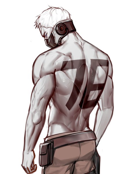 Anime picture 1200x1600 with overwatch blizzard entertainment soldier: 76 (overwatch) won jade single tall image looking at viewer short hair simple background white background looking back tattoo monochrome topless muscle boy mask fanny pack