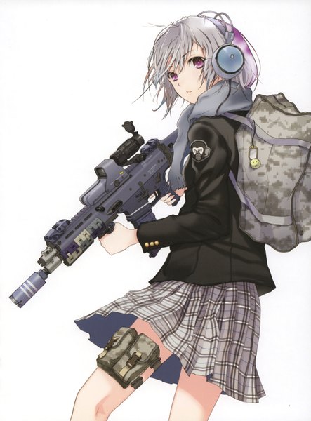 Anime picture 2219x3004 with original 100 masters of bishoujo painting fuyuno haruaki single tall image fringe highres short hair simple background hair between eyes white background purple eyes looking away grey hair scan plaid skirt fighting stance camouflage girl skirt