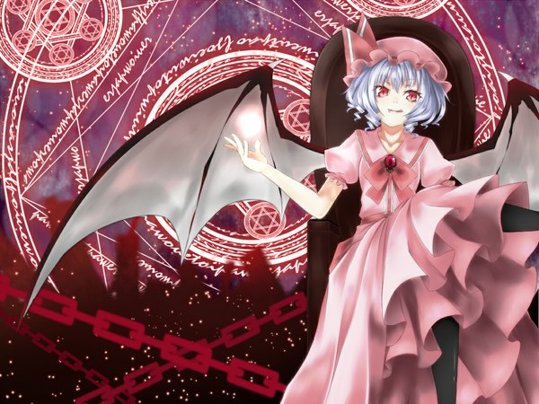 Anime picture 1133x850 with touhou remilia scarlet shihiron (artist) single short hair red eyes blue hair magic demon wings girl dress wings chain bonnet magic circle