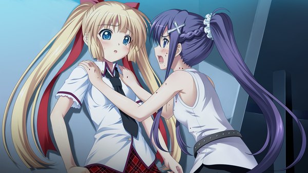 Anime picture 1024x576 with owaru sekai to birthday long hair blush open mouth blue eyes blonde hair wide image twintails multiple girls game cg purple hair ponytail girl 2 girls