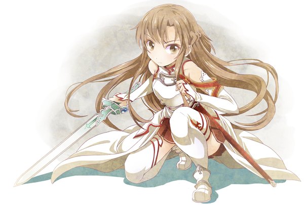 Anime picture 1183x800 with sword art online a-1 pictures yuuki asuna ratryu single long hair blush simple background brown hair white background bare shoulders brown eyes looking away squat fighting stance girl thighhighs weapon detached sleeves white thighhighs