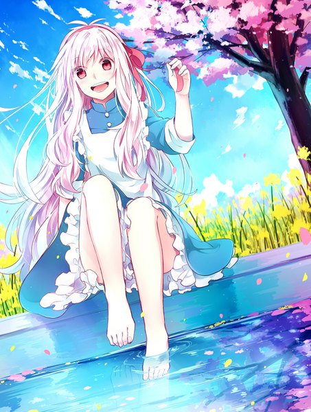 Anime picture 650x860 with kagerou project shaft (studio) mary (kagerou project) hoshiyui tsukino (artist) single long hair tall image looking at viewer blush open mouth red eyes sitting pink hair sky cloud (clouds) barefoot cherry blossoms reflection toenails ripples