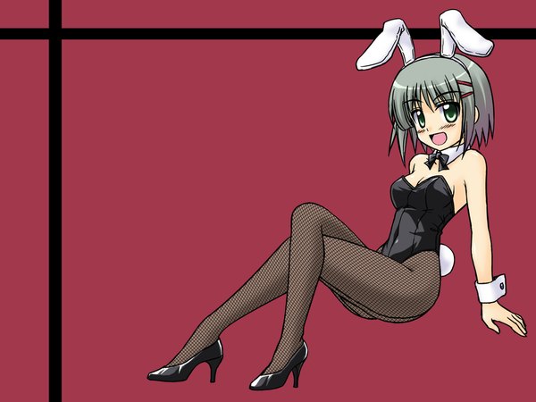 Anime picture 1024x768 with hayate no gotoku! aizawa sakuya masakichi (crossroad) short hair green eyes animal ears grey hair high heels bunny ears wallpaper fishnet pantyhose shoes bunnysuit fishnet pantyhose