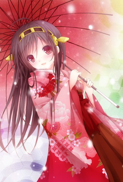 Anime picture 984x1457 with kantai collection haruna battleship oro ponzu single long hair tall image looking at viewer blush open mouth black hair red eyes traditional clothes japanese clothes from below snowing winter girl hair ornament kimono umbrella