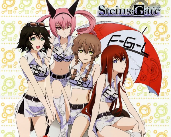 Anime picture 2500x2000 with steins;gate white fox makise kurisu shiina mayuri faris nyannyan amane suzuha huke long hair highres short hair open mouth blue eyes black hair brown hair twintails multiple girls green eyes pink hair braid (braids) one eye closed