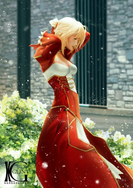 Anime picture 800x1132 with fate (series) fate/extra type-moon nero claudius (fate) (all) nero claudius (fate) kevin glint single tall image short hair breasts blonde hair green eyes signed cleavage outdoors blurry depth of field snowing winter snow