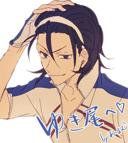 Anime picture 719x800 with yowamushi pedal toudou jinpachi ailm single tall image fringe short hair black hair simple background smile white background signed from above black eyes portrait hand on head open collar sketch boy gloves