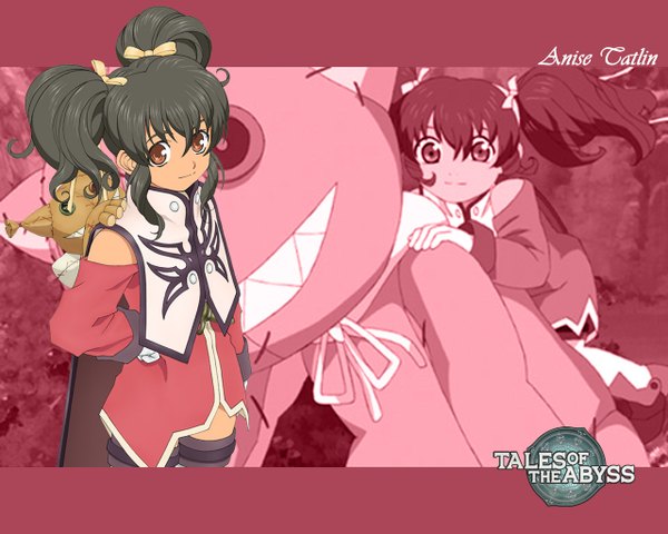 Anime picture 1280x1024 with tales of (series) tales of the abyss anise tatlin tokunaga black hair twintails brown eyes heterochromia zoom layer girl animal toy stuffed animal child (children)