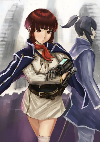 Anime picture 1240x1754 with shin megami tensei tagme (character) enumiyan tall image short hair black hair brown hair brown eyes ponytail girl boy weapon sword belt coat gauntlets