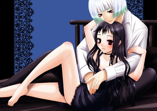 Anime picture 1000x707 with ar tonelico ar tonelico ii gust (company) jacqli michitaka ayatane inumori sayaka long hair blush fringe short hair light erotic black hair simple background red eyes sitting looking away bent knee (knees) white hair blunt bangs multicolored hair