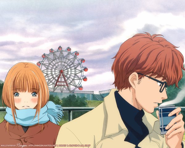 Anime picture 1280x1024 with honey and clover j.c. staff yamada ayumi mayama takumi tama-neko looking at viewer blush fringe short hair blue eyes blonde hair holding looking away sky cloud (clouds) outdoors red hair blunt bangs profile grey eyes