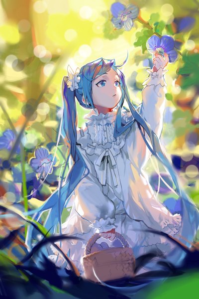 Anime picture 2000x3000 with vocaloid hatsune miku rrr (reason) single long hair tall image highres twintails holding looking away ahoge arm up aqua eyes sunlight blurry aqua hair alternate costume lens flare sleeves past wrists girl