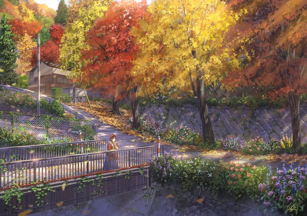 Anime picture 1800x1273 with original niko p single fringe highres short hair brown hair standing holding looking away outdoors sunlight sunbeam scenic autumn girl skirt flower (flowers) plant (plants) tree (trees)