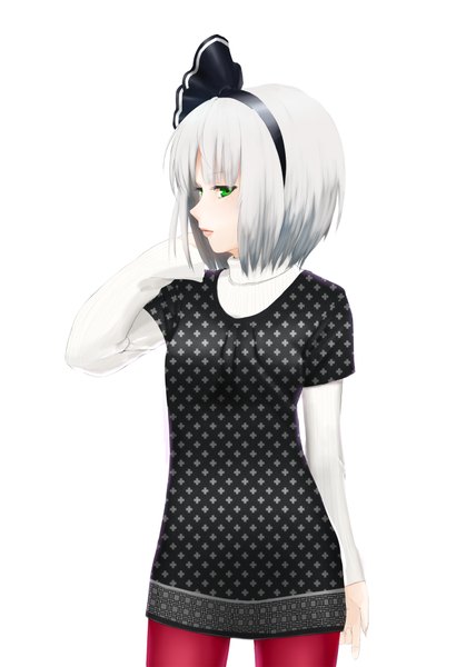 Anime picture 1360x1906 with touhou konpaku youmu saty-rokuji (artist) single tall image short hair simple background standing white background green eyes white hair profile looking back contemporary girl hairband turtleneck