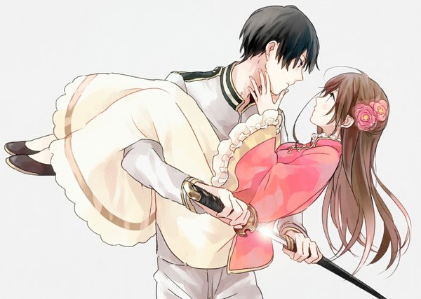 Anime picture 970x691 with axis powers hetalia studio deen japan (hetalia) taiwan (hetalia) urahara long hair blush short hair black hair simple background brown hair ahoge traditional clothes profile grey background couple chinese clothes face to face carrying princess carry