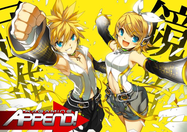 Anime picture 1448x1024 with vocaloid kagamine rin kagamine len ress blush short hair blonde hair aqua eyes twins girl boy gloves hair ornament ribbon (ribbons) detached sleeves choker shorts hairclip headphones