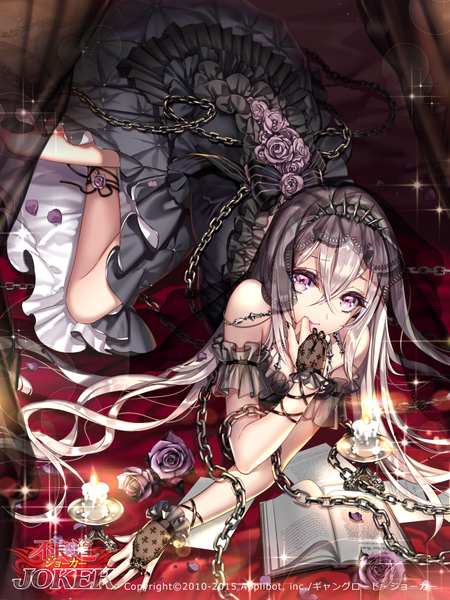 Anime picture 750x1000 with joker ~gang road~ cocoon (loveririn) single long hair tall image looking at viewer purple eyes silver hair lying girl dress flower (flowers) frills black dress book (books) chain candle (candles)