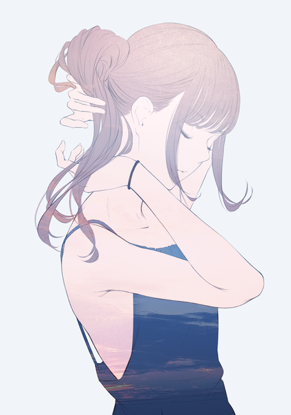 Anime picture 1000x1426 with original sousou (sousouworks) single long hair tall image fringe simple background brown hair payot upper body blunt bangs eyes closed no bra adjusting hair double exposure sky print girl dress sundress