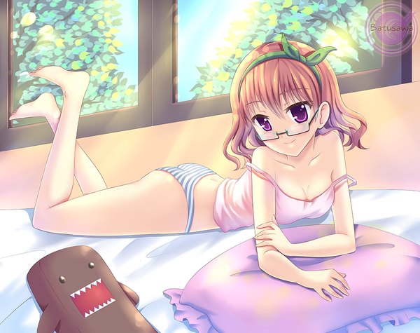 Anime picture 1000x793 with original batusawa (artist) single looking at viewer short hair breasts light erotic blonde hair smile purple eyes bare shoulders signed sunlight legs underwear only girl underwear panties ribbon (ribbons) plant (plants)