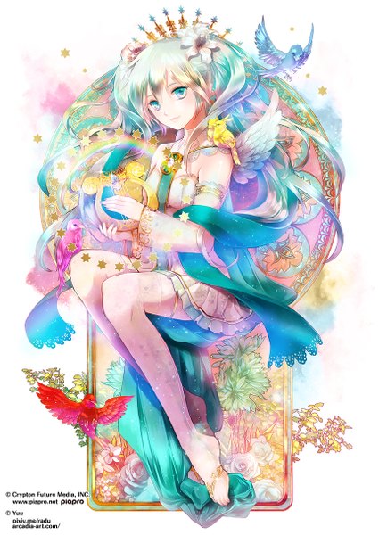 Anime picture 862x1216 with vocaloid hatsune miku yuu (arcadia) single long hair tall image looking at viewer blush fringe blonde hair smile sitting twintails holding blue hair pink hair bent knee (knees) long sleeves pleated skirt multicolored hair