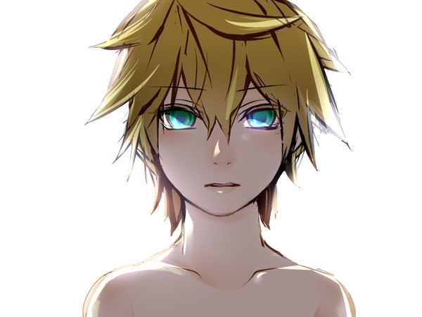 Anime picture 1400x1050 with vocaloid kagamine len keishi single short hair blonde hair simple background white background bare shoulders aqua eyes boy
