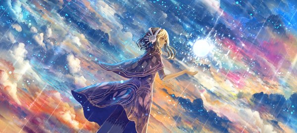 Anime picture 1800x810 with original bounin single blush highres short hair open mouth blonde hair wide image looking away sky cloud (clouds) rain multicolored girl socks headphones energy ball