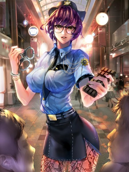 Anime picture 700x933 with furyou michi ~gang road~ imp tall image fringe short hair breasts open mouth large breasts standing yellow eyes sky purple hair cloud (clouds) city cityscape city lights street girl skirt uniform