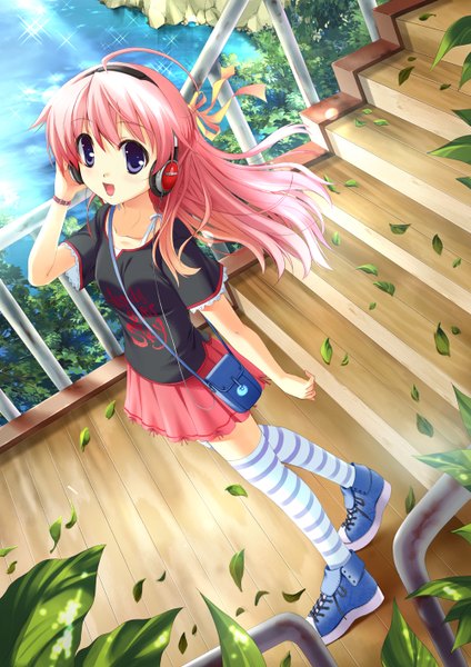 Anime picture 1000x1414 with original ayakaze ryuushou single long hair tall image looking at viewer open mouth purple eyes pink hair girl thighhighs skirt plant (plants) miniskirt tree (trees) headphones leaf (leaves) bag striped thighhighs stairs