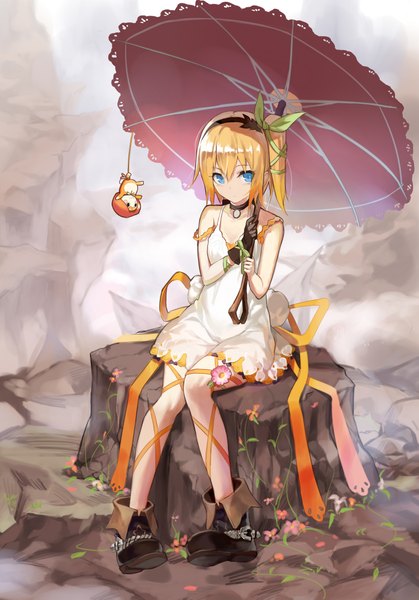 Anime picture 1500x2147 with tales of (series) tales of zestiria edna (tales) normin (tales) kamiljm single tall image looking at viewer blush fringe short hair blue eyes blonde hair hair between eyes sitting holding full body from above sleeveless one side up