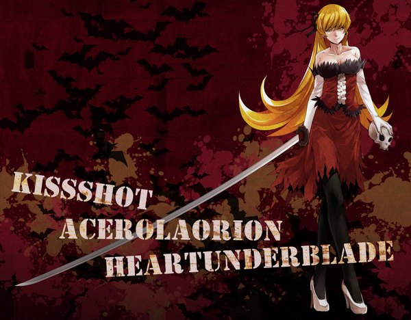 Anime picture 1920x1498 with bakemonogatari kizumonogatari shaft (studio) monogatari (series) oshino shinobu kissshot acerolaorion heartunderblade dafei single long hair highres blonde hair yellow eyes cleavage teeth fang (fangs) girl dress gloves weapon sword