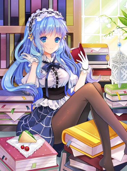 Anime picture 600x810 with sword girls ratise single long hair tall image looking at viewer blush blue eyes smile sitting holding payot blue hair bent knee (knees) no shoes adjusting hair plaid skirt wavy hair girl skirt